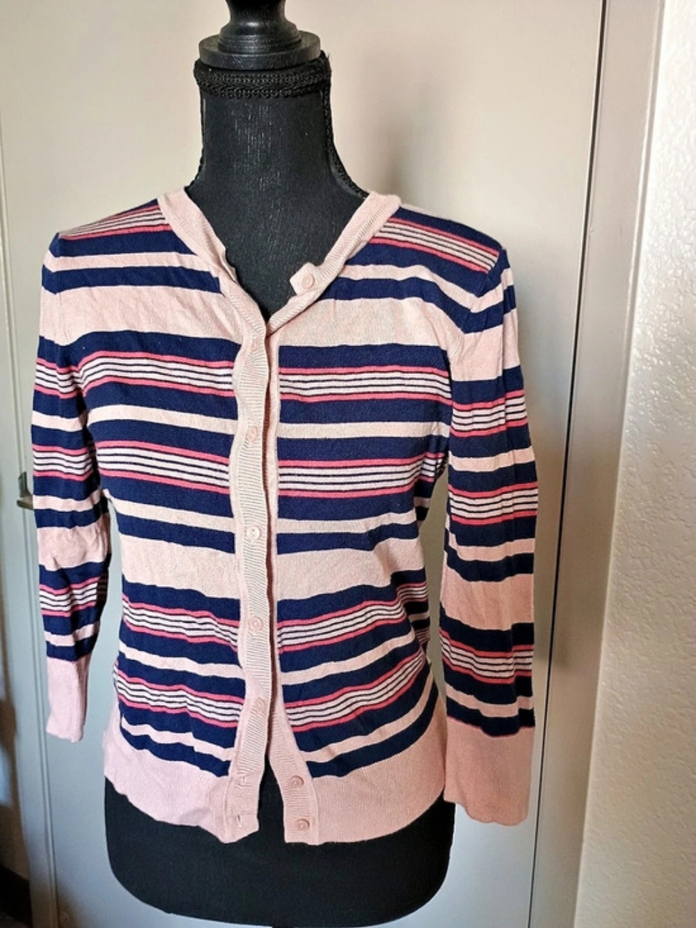 Halogen Striped Crew Neck Cardigan Pink & Blue Medium